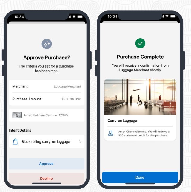 Two phone screens: an Approve Purchase screen showing a $350 carry-on from a luggage store, and a Purchase Complete confirmation