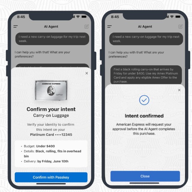 Two phone screens: an AI agent chat asking for carry-on luggage under $400, and an Amex sheet to confirm the request with a passkey