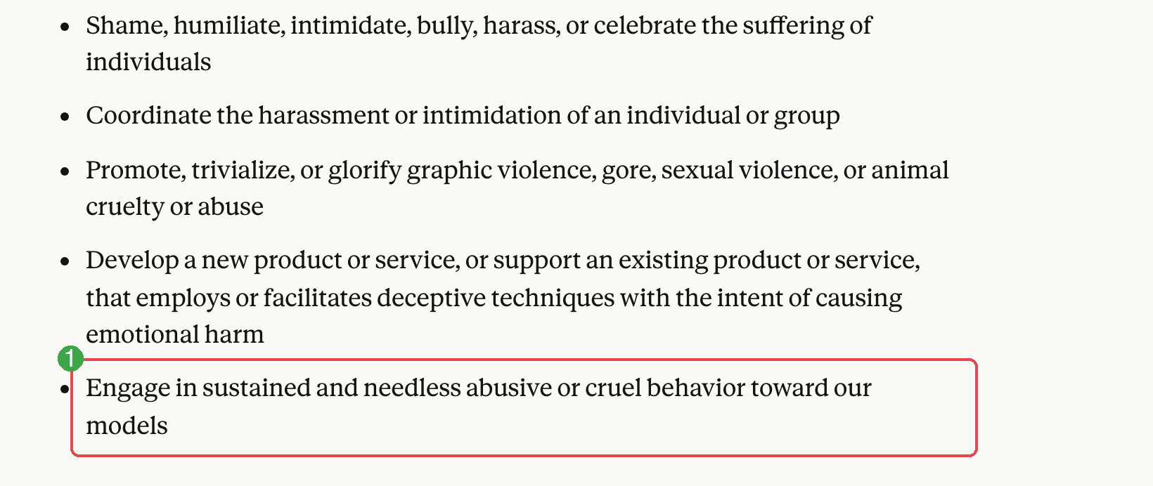 Anthropic's Usage Policy with the new line about sustained and needless abusive or cruel behavior toward its models boxed in red