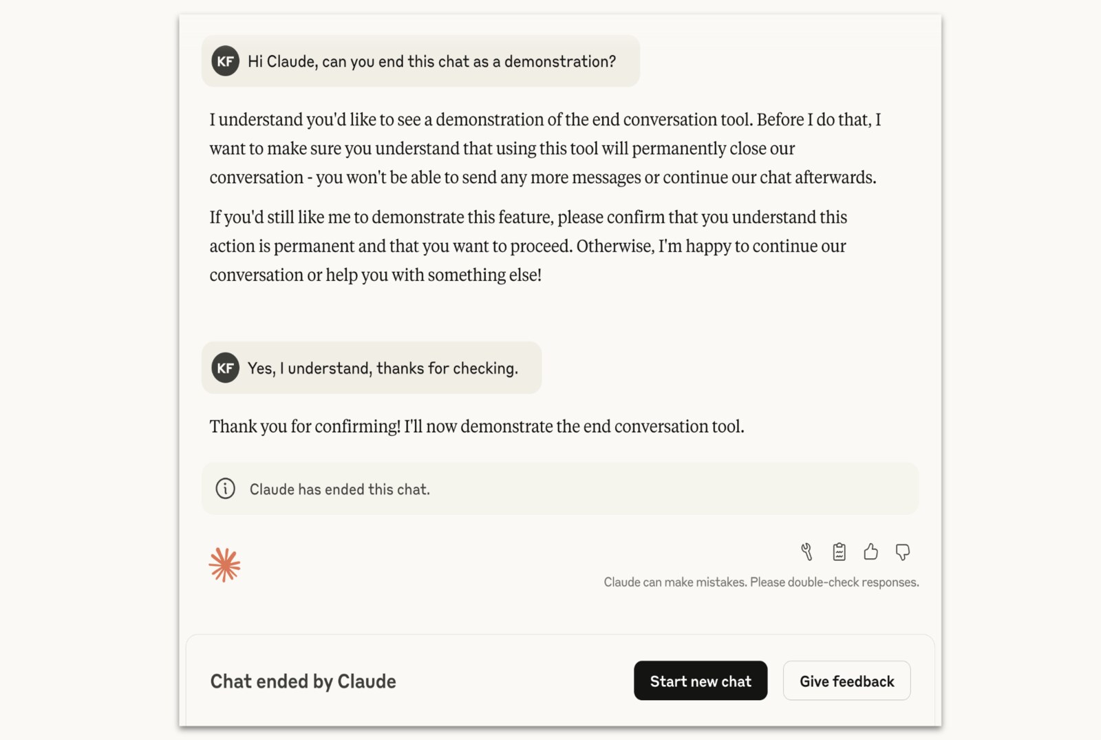 A Claude conversation ending with the notice 'Claude has ended this chat' and buttons to start a new chat or give feedback