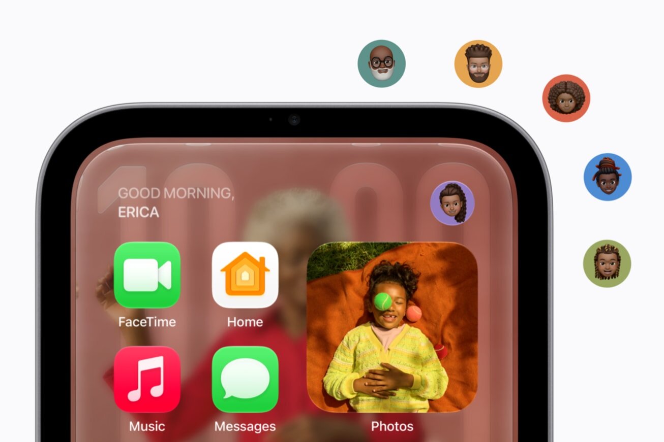 A HomeView screen reading Good Morning, Erica, with six household member avatars beside it