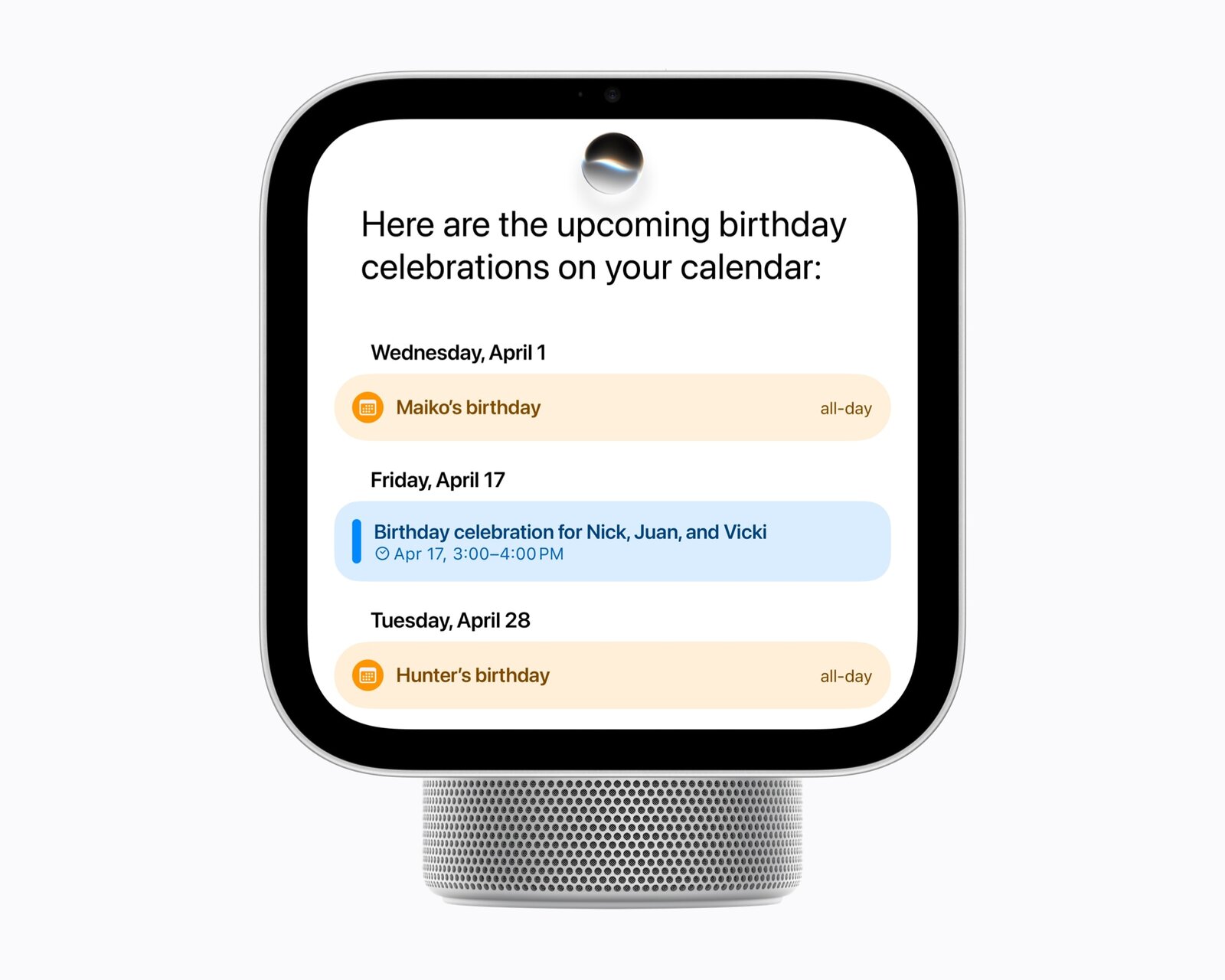 Siri AI on HomeView listing the upcoming birthday celebrations from a user's calendar