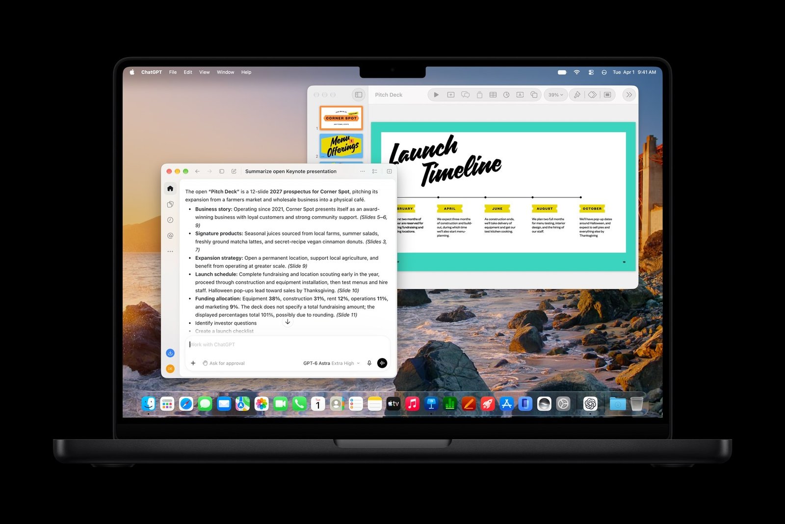 A MacBook Pro with a Keynote pitch deck open and a ChatGPT window beside it summarizing the open Keynote presentation slide by slide