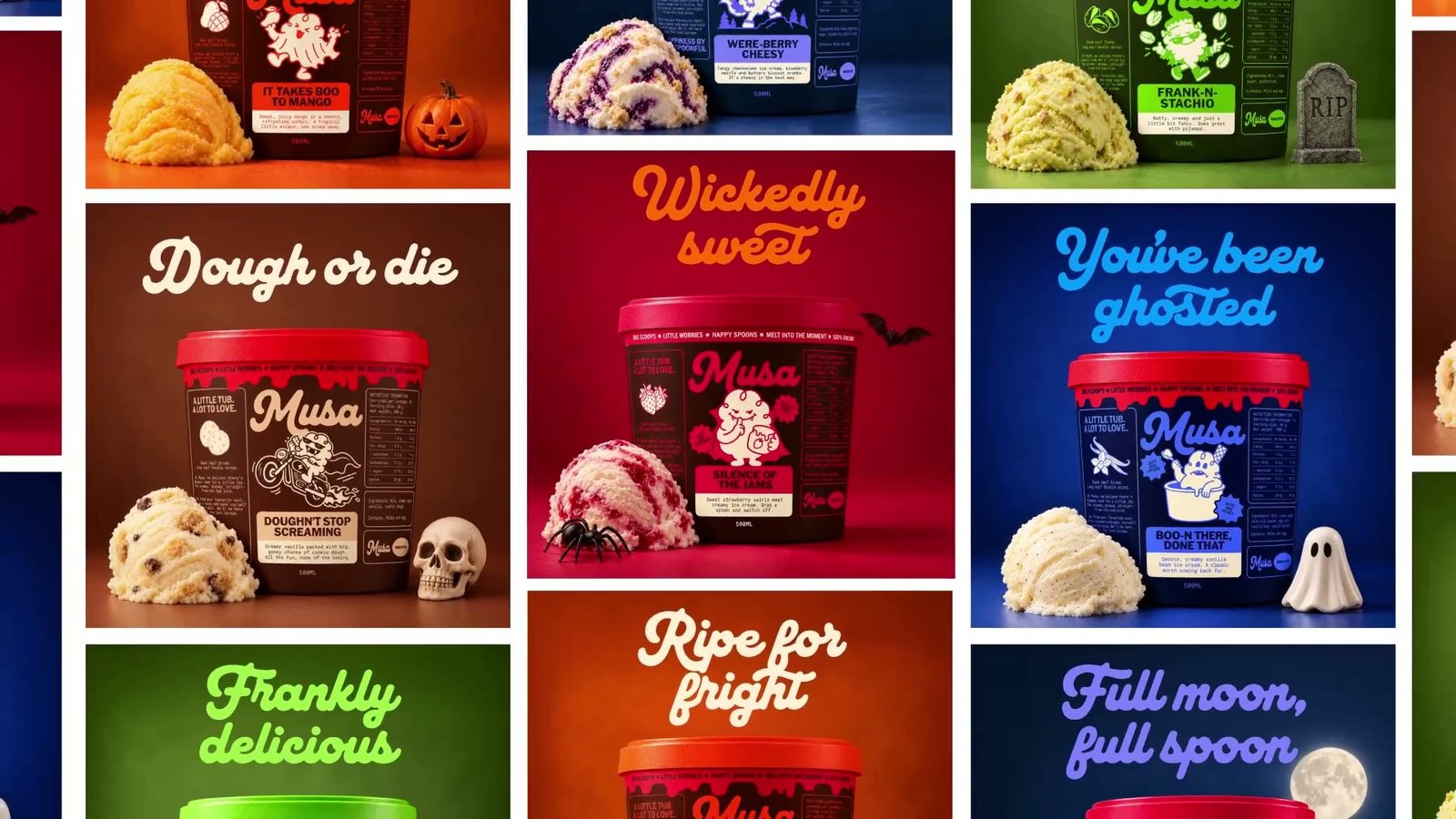 A grid of Halloween versions of the Musa ice cream tub, with names like Wickedly sweet, Dough or die, You've been ghosted, Frankly delicious, Ripe for fright and Full moon, full spoon