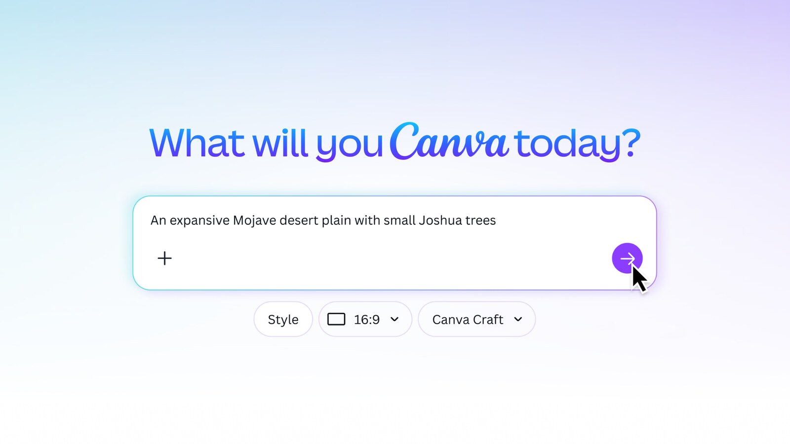 Canva's Dream Lab prompt box reading What will you Canva today, with a prompt about a Mojave desert plain and the Style, 16:9 and Canva Craft options below it