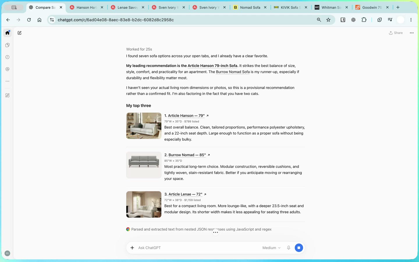 ChatGPT in Chrome listing its top three sofas, with sizes and prices, pulled from eight open furniture tabs