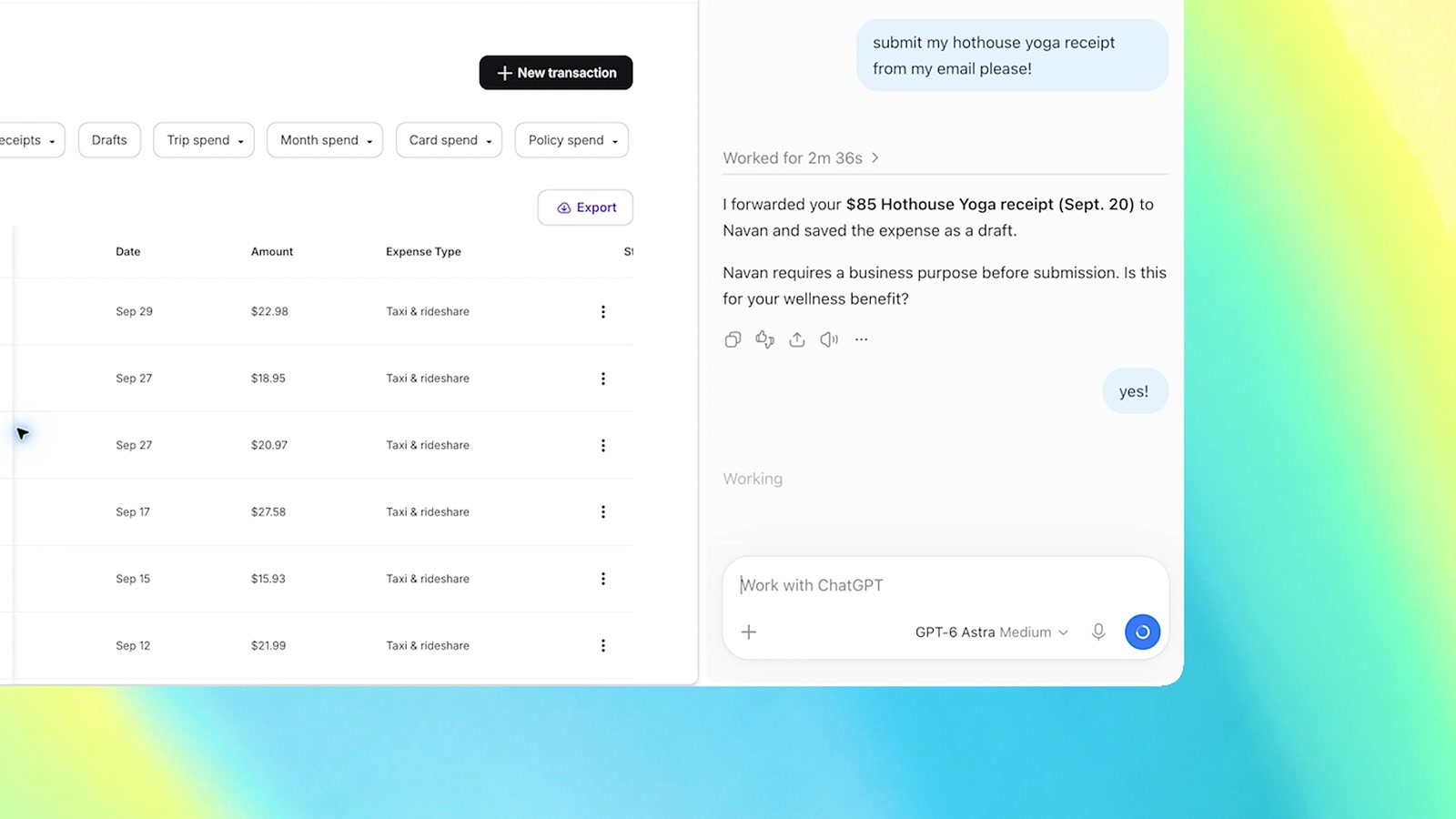 ChatGPT's side panel in Work mode saying it forwarded an $85 yoga receipt to the expense app and asking whether it is for a wellness benefit, with the user answering yes