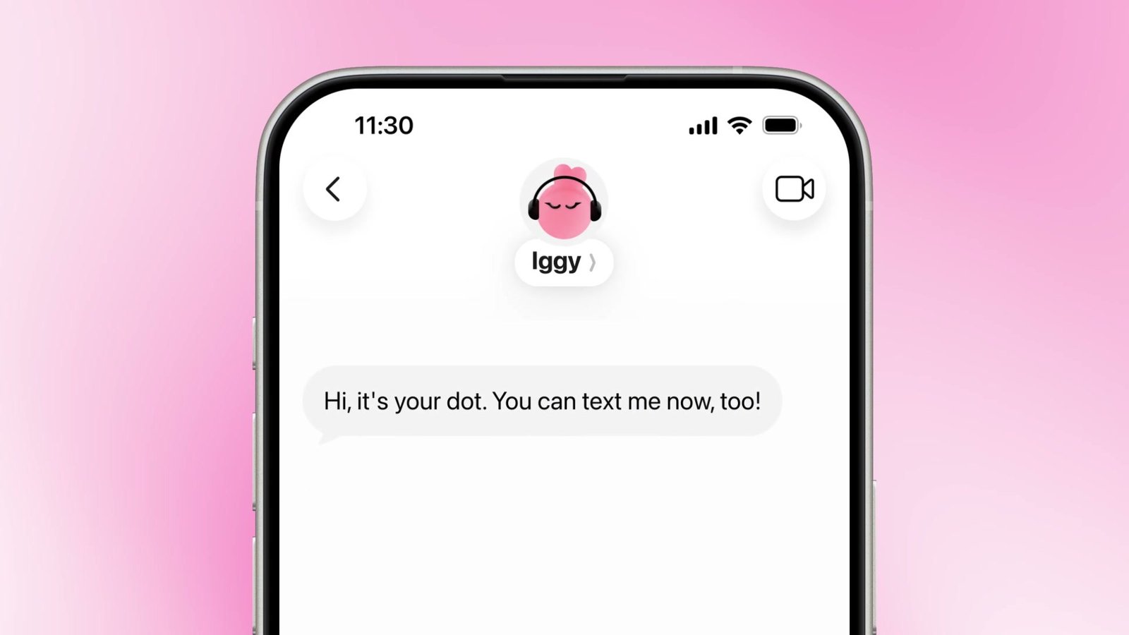 An iPhone Messages thread with a Dot named Iggy whose first text reads Hi, it's your dot. You can text me now, too!