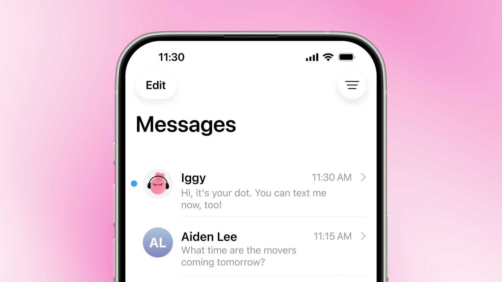 The iPhone Messages list with a conversation from Iggy, the Dot, at the top, above a regular conversation with a person