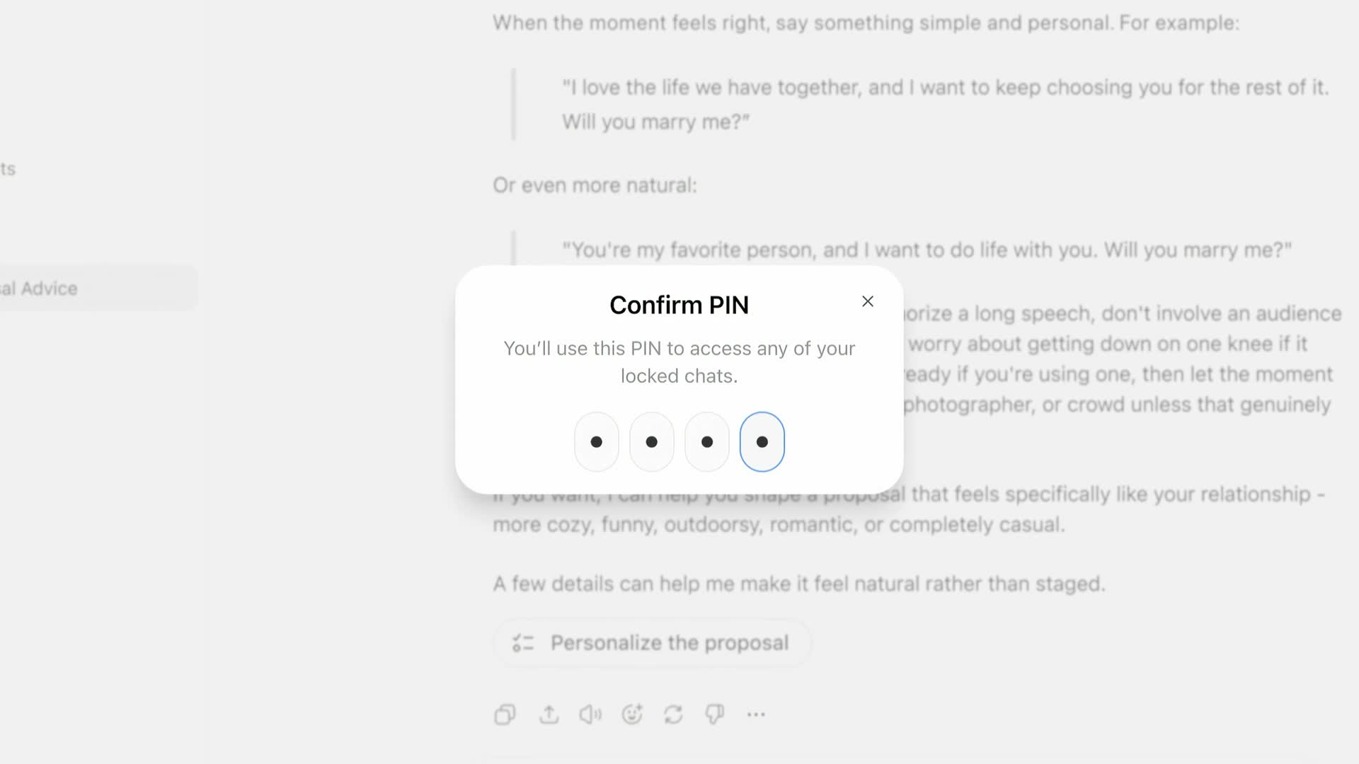 ChatGPT's Confirm PIN box with four filled dots, saying you'll use this PIN to access any of your locked chats