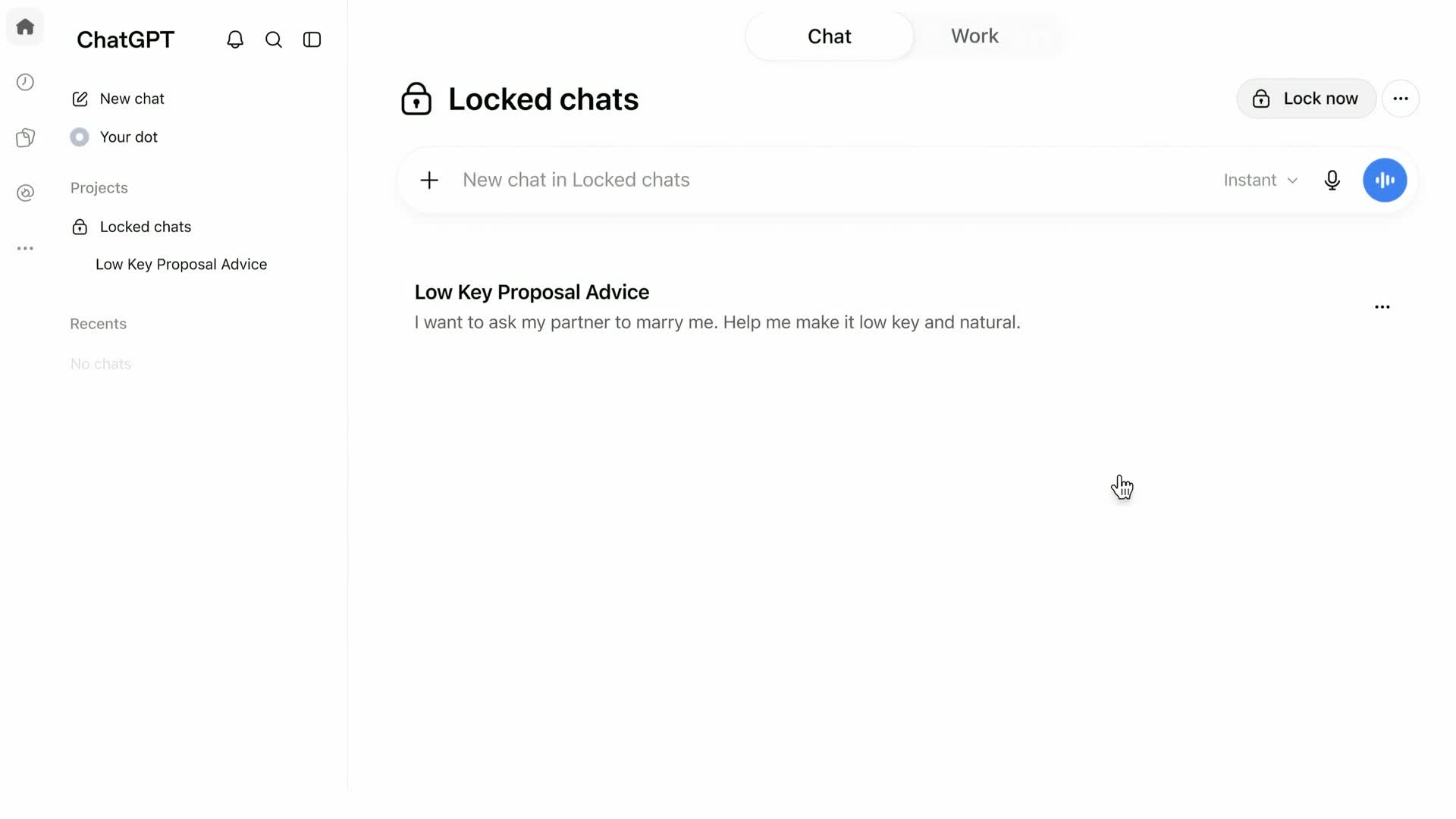 The Locked chats folder in ChatGPT, open after entering the PIN, with a New chat in Locked chats box, a Lock now button and one saved conversation