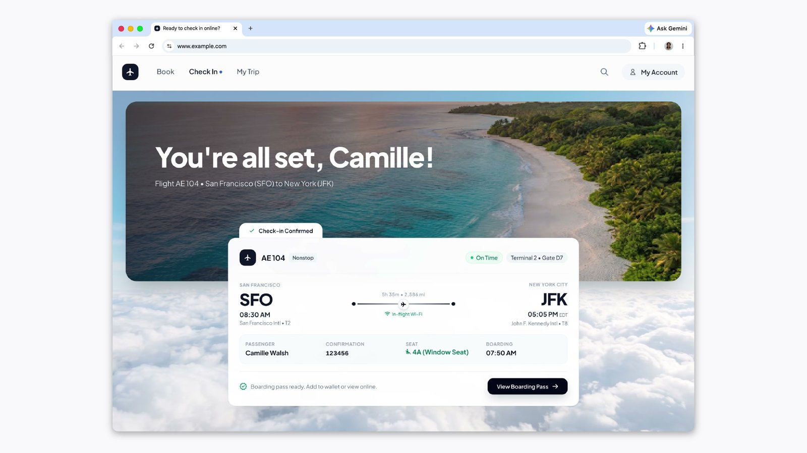 The airline page after check-in, reading You're all set, Camille, with a flight from San Francisco to New York, seat 4A and a View Boarding Pass button