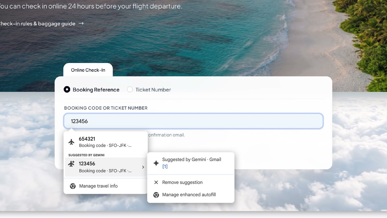 An airline check-in form in Chrome with the autofill menu open, showing a saved booking code, a second booking code under Suggested by Gemini, and a side panel reading Suggested by Gemini, Gmail, with Remove suggestion and Manage enhanced autofill