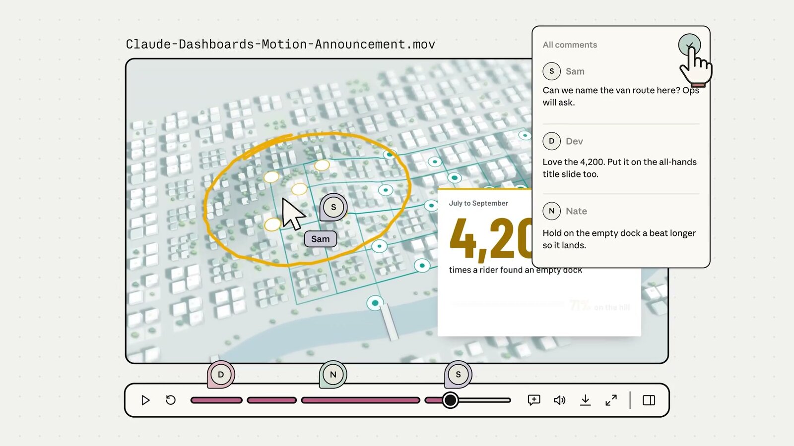 An animation in Claude's editor with a comments panel where three teammates leave notes on specific moments