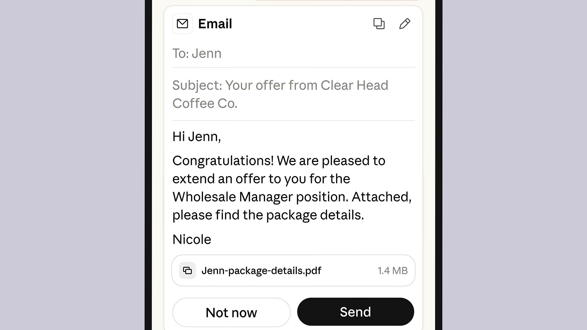 A job offer email drafted by Claude Duet, with an attached package-details PDF and two buttons below it: Not now and Send