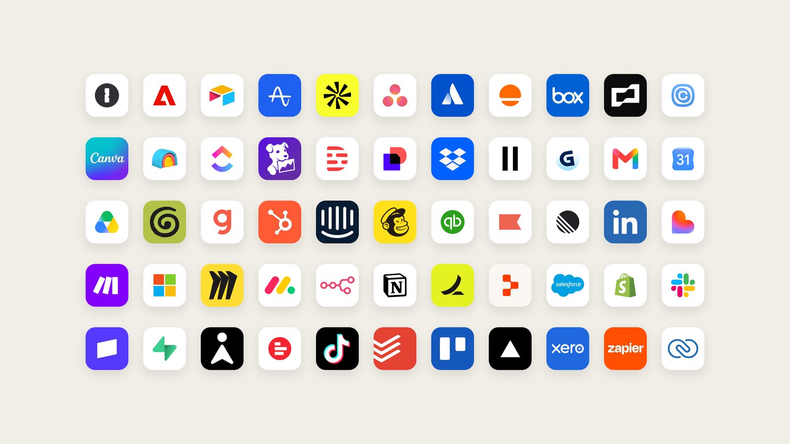 A grid of app icons that work with Claude Duet, including Gmail, Google Calendar, Slack, QuickBooks, HubSpot, Canva, Shopify, LinkedIn, Notion, Salesforce, Xero and Zapier