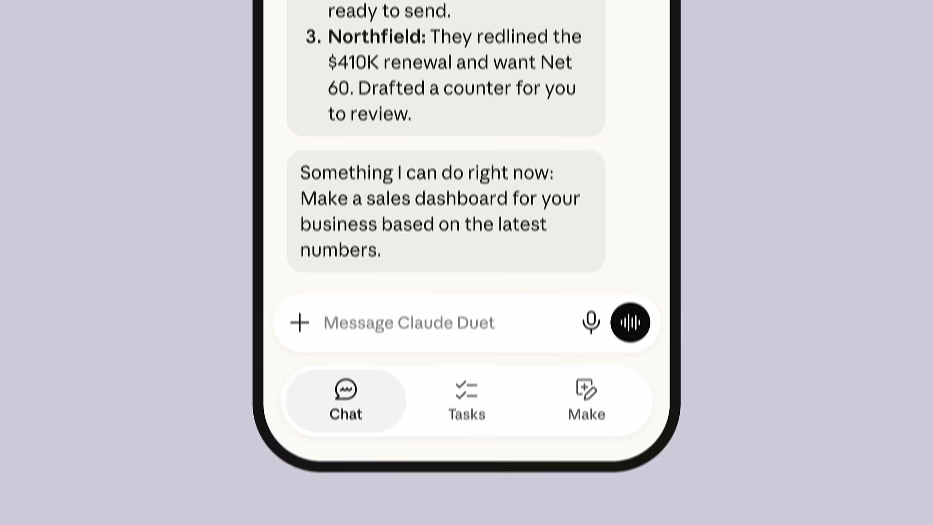 A phone showing Claude Duet's morning brief: a counter-offer drafted for a contract renewal, followed by an offer to build a sales dashboard from the business's latest numbers