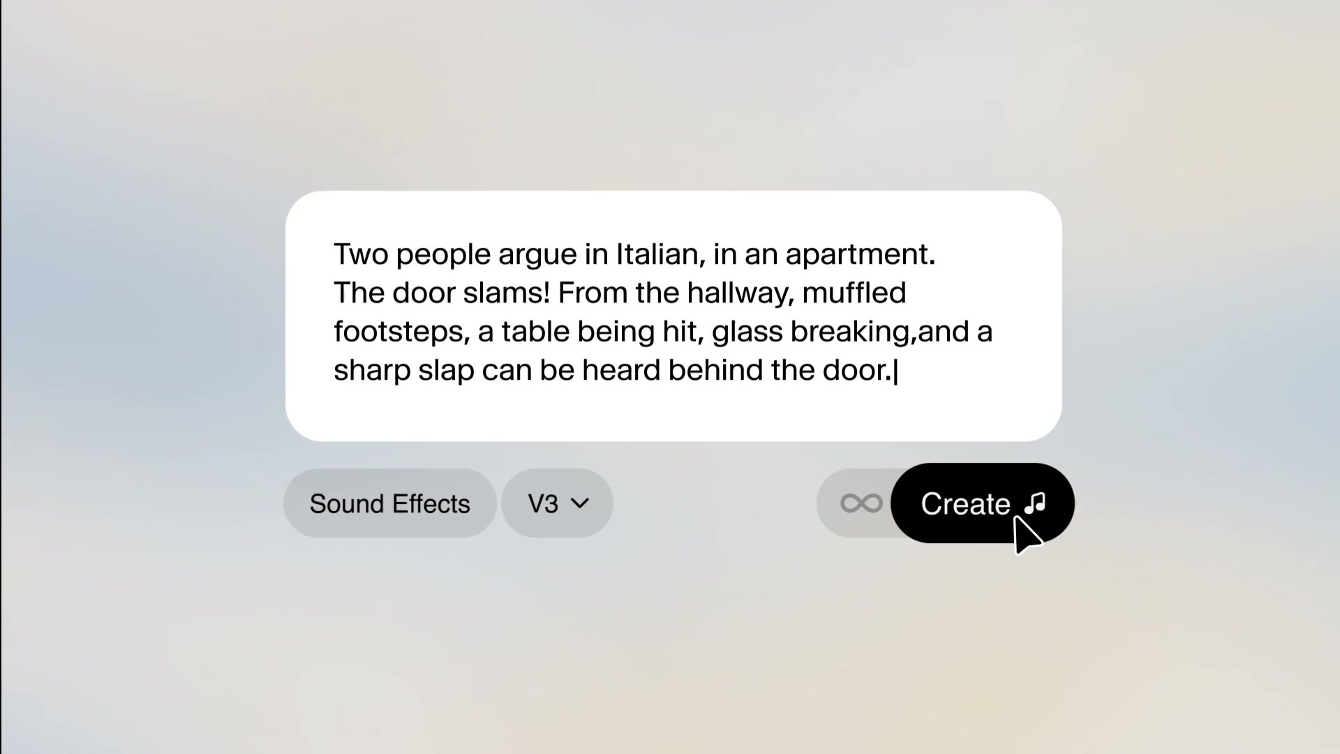 The ElevenLabs sound effects prompt box with a long scene description typed in, a Sound Effects button, a V3 model dropdown and a Create button.