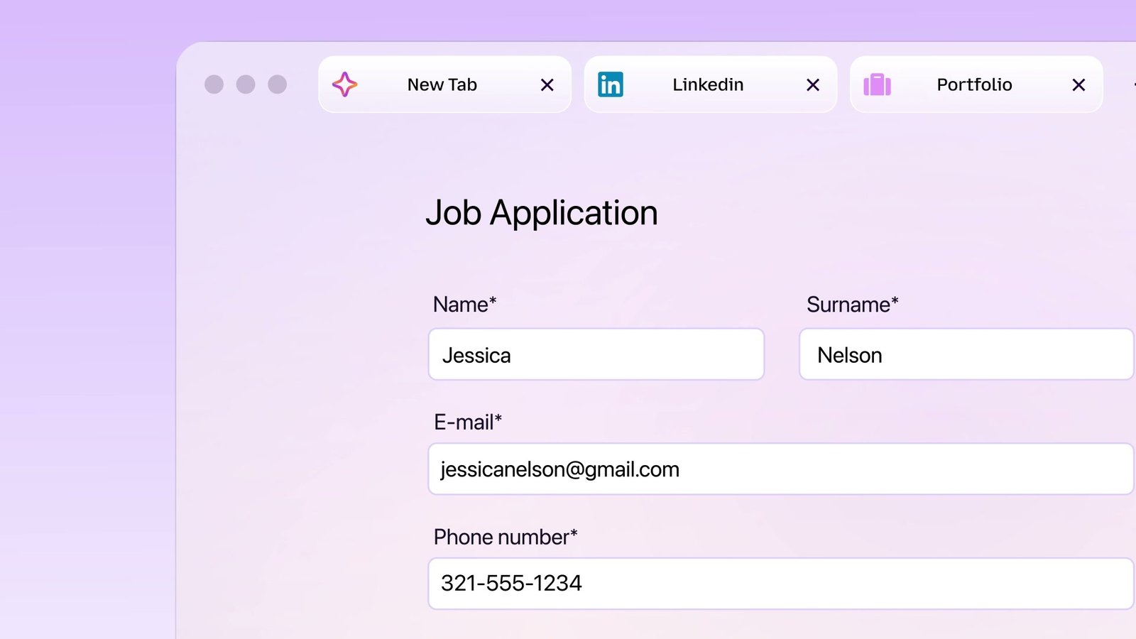 A job application form in Firefox with the name, surname, email and phone number fields filled in, and LinkedIn and Portfolio tabs open above it