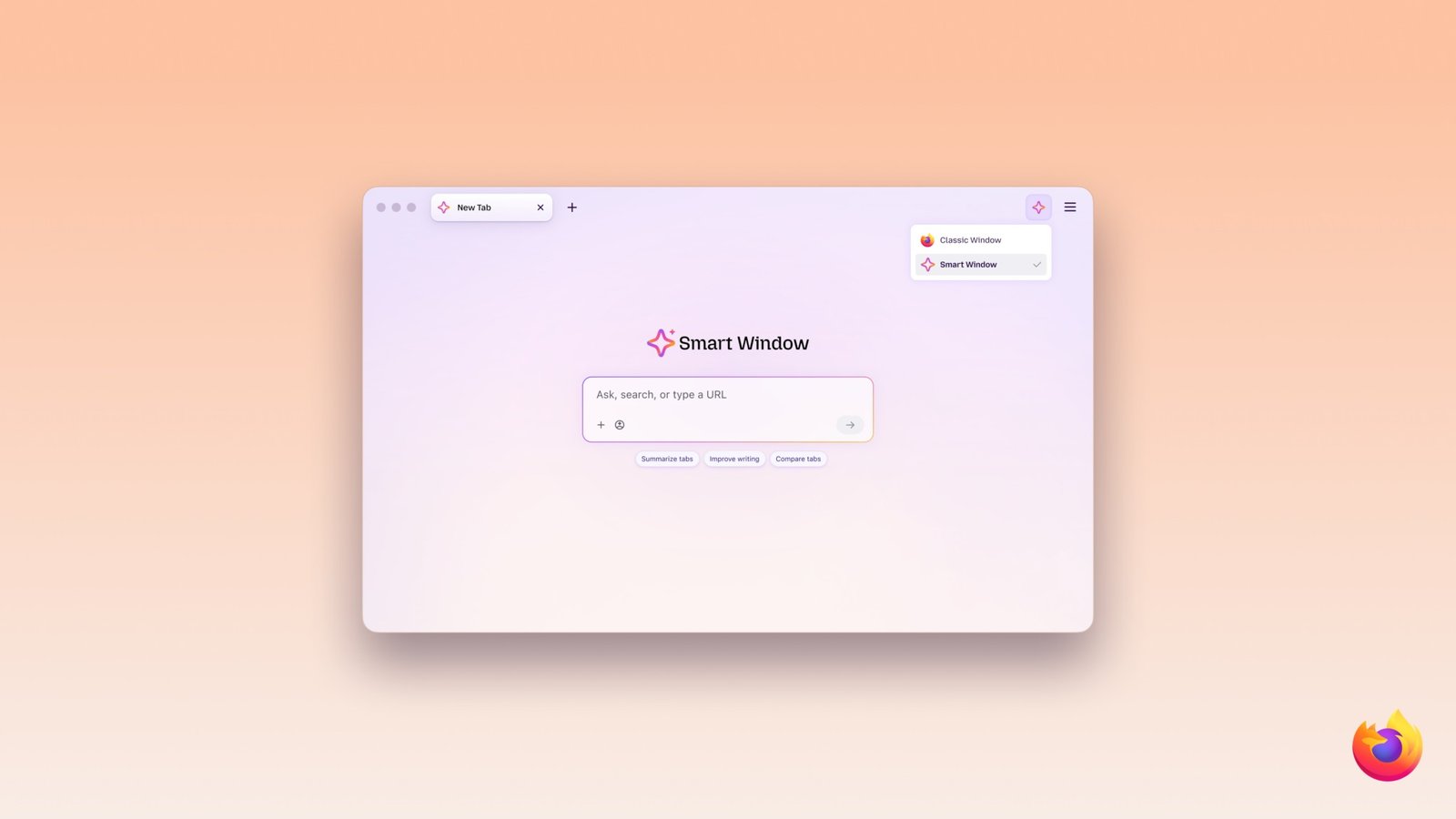 A Firefox window with a new Smart Window tab, an Ask, search, or type a URL box in the middle, and a toolbar menu for switching between Classic Window and Smart Window