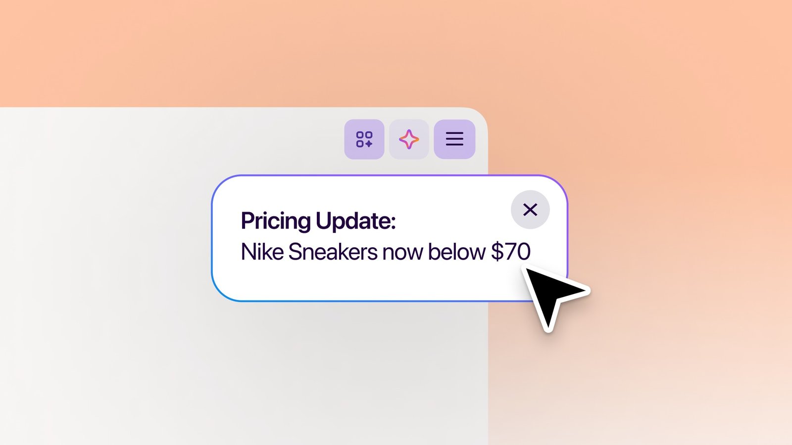 A Firefox notification reading Pricing Update: Nike Sneakers now below $70