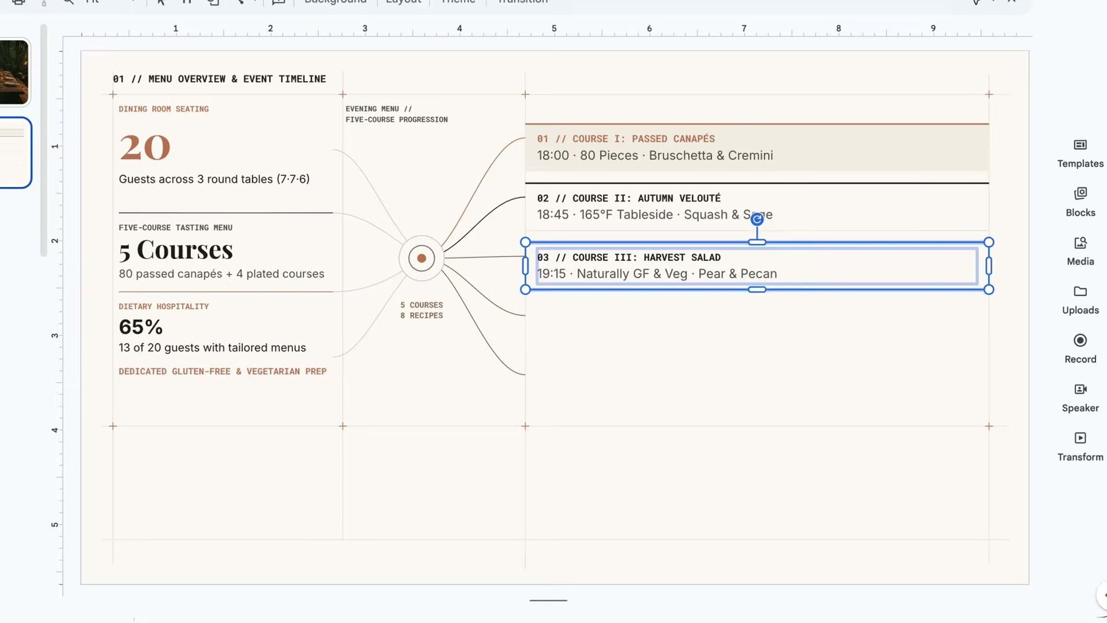 A Google Slides page with a catering menu overview and event timeline, made by Gemini 4 Argon