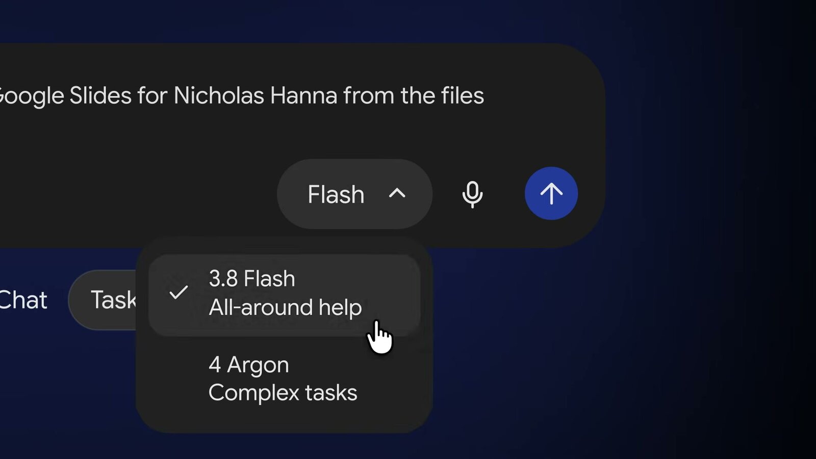 The Gemini app's model picker open, showing 3.8 Flash for all-around help and 4 Argon for complex tasks