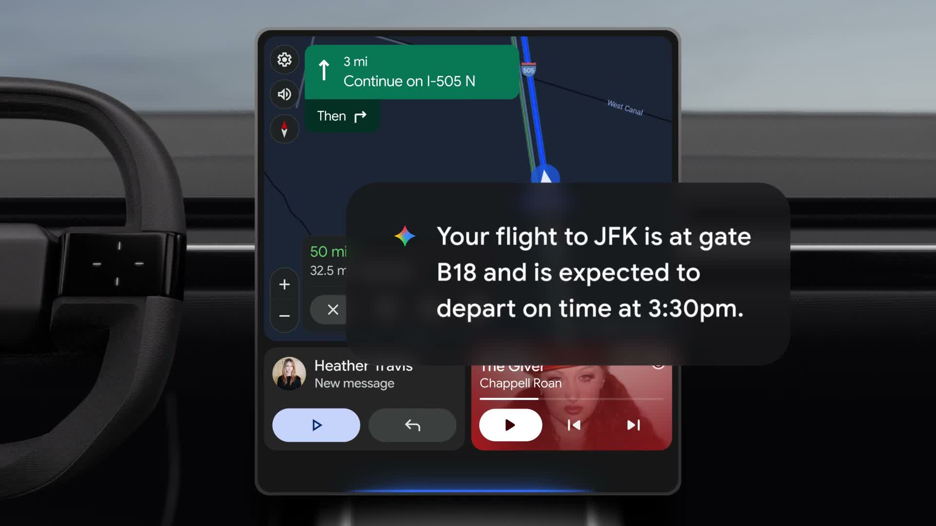 An Android Auto screen on a car dashboard showing a Google Maps route, with Gemini's answer on top: Your flight to JFK is at gate B18 and is expected to depart on time at 3:30pm
