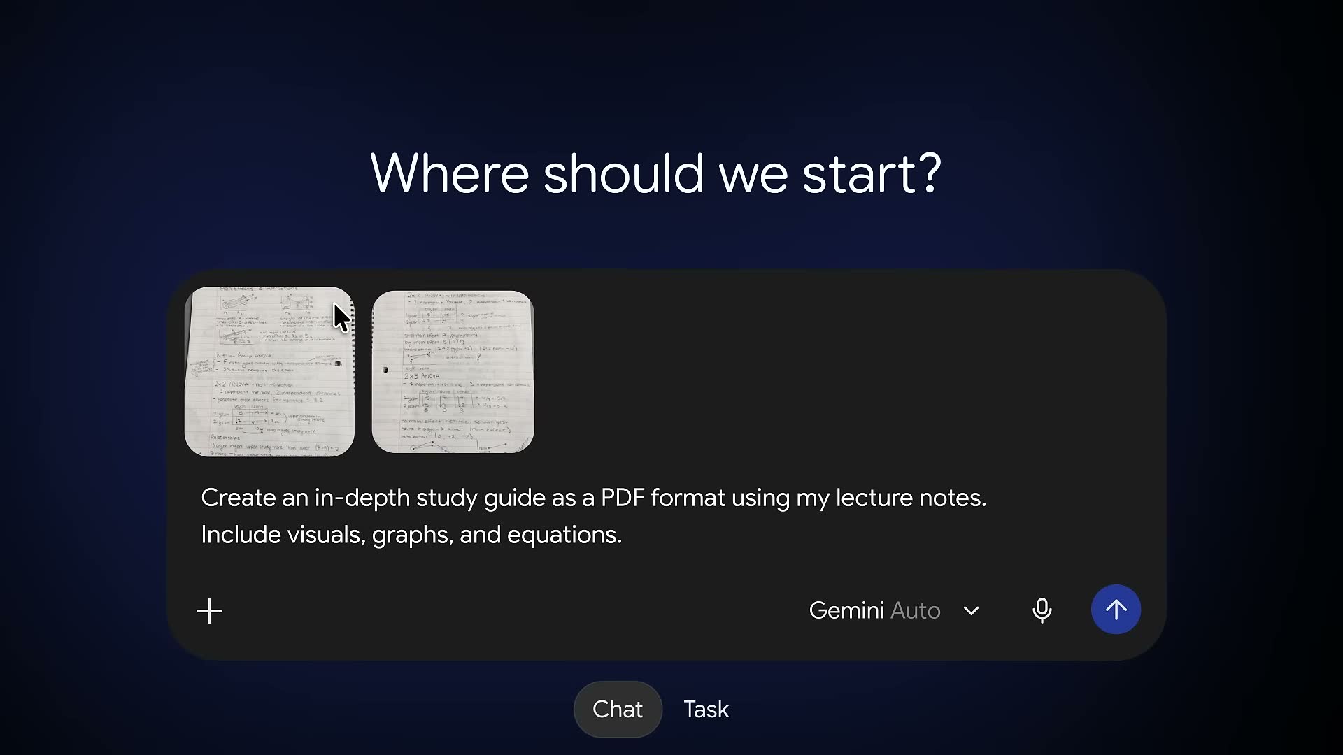 The Gemini prompt box with two photos of handwritten lecture notes attached and the request to create an in-depth study guide as a PDF.