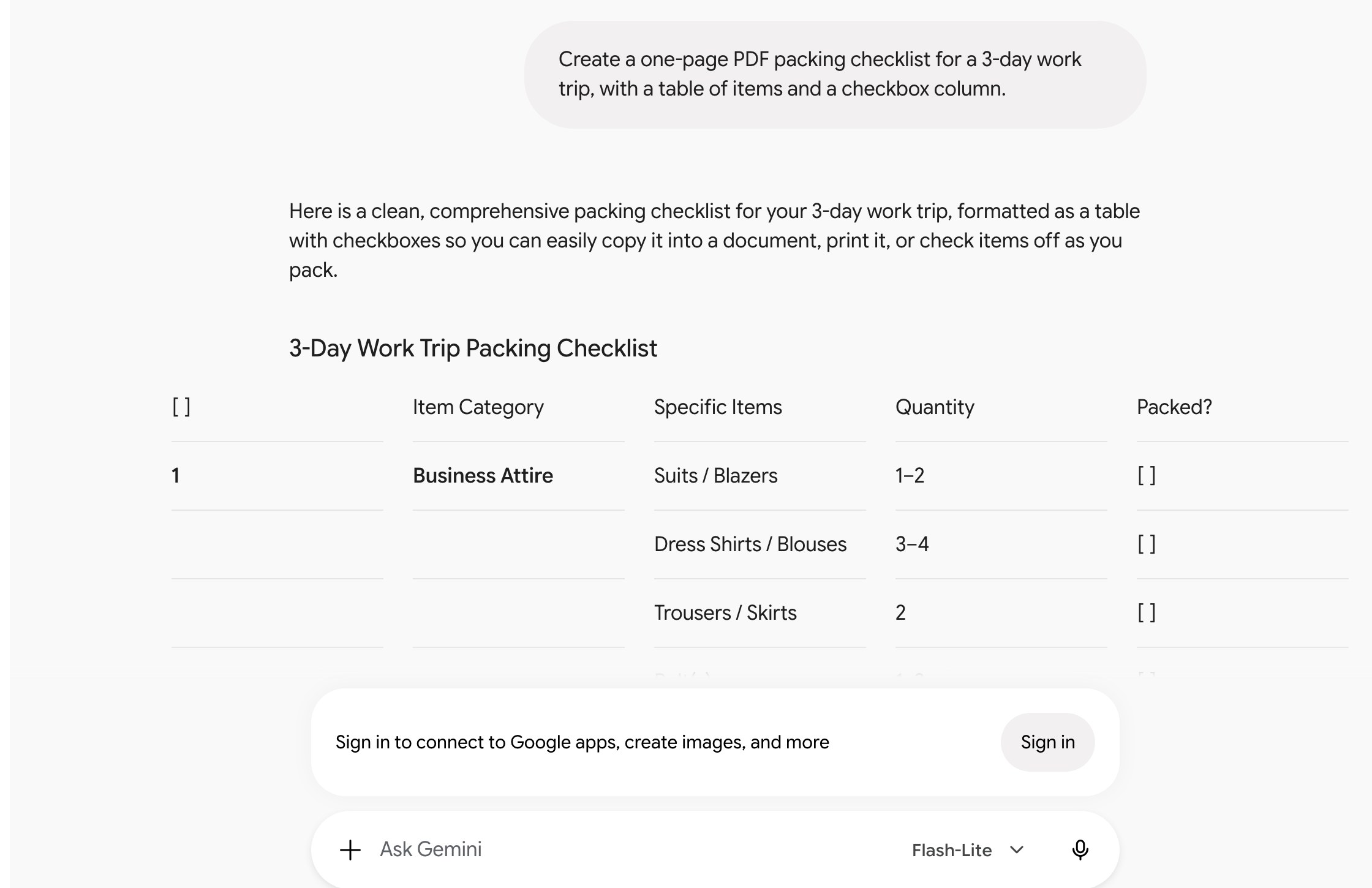 Gemini used without signing in: the request for a PDF packing checklist, answered with a table in the chat and a Sign in to connect to Google apps banner instead of a file.