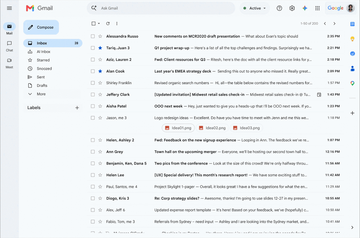 Animated demo of Gmail on a computer: clicking AI Inbox in the left menu opens a page that says You have 8 to-dos and 5 topics to catch up on, with suggested to-dos and a Global Systems deal topic