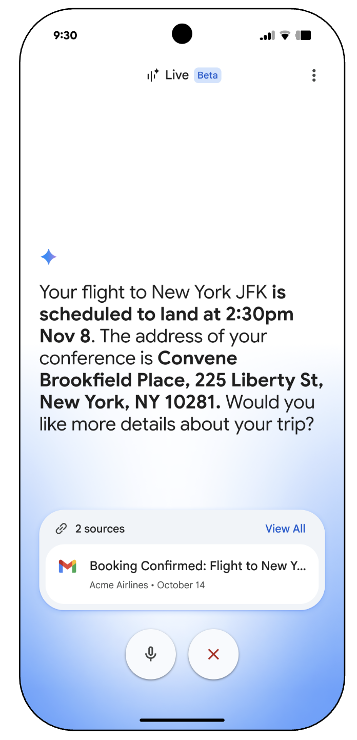 Gmail Live on a phone answering that a flight to New York JFK lands at 2:30pm Nov 8 and giving the conference address, with a 2 sources card showing the airline booking email