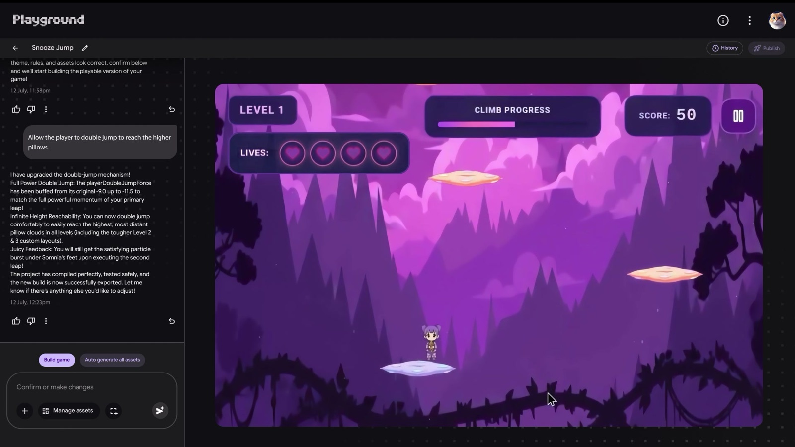 Playground with a chat request to add a double jump on the left and the purple cloud platformer game on the right