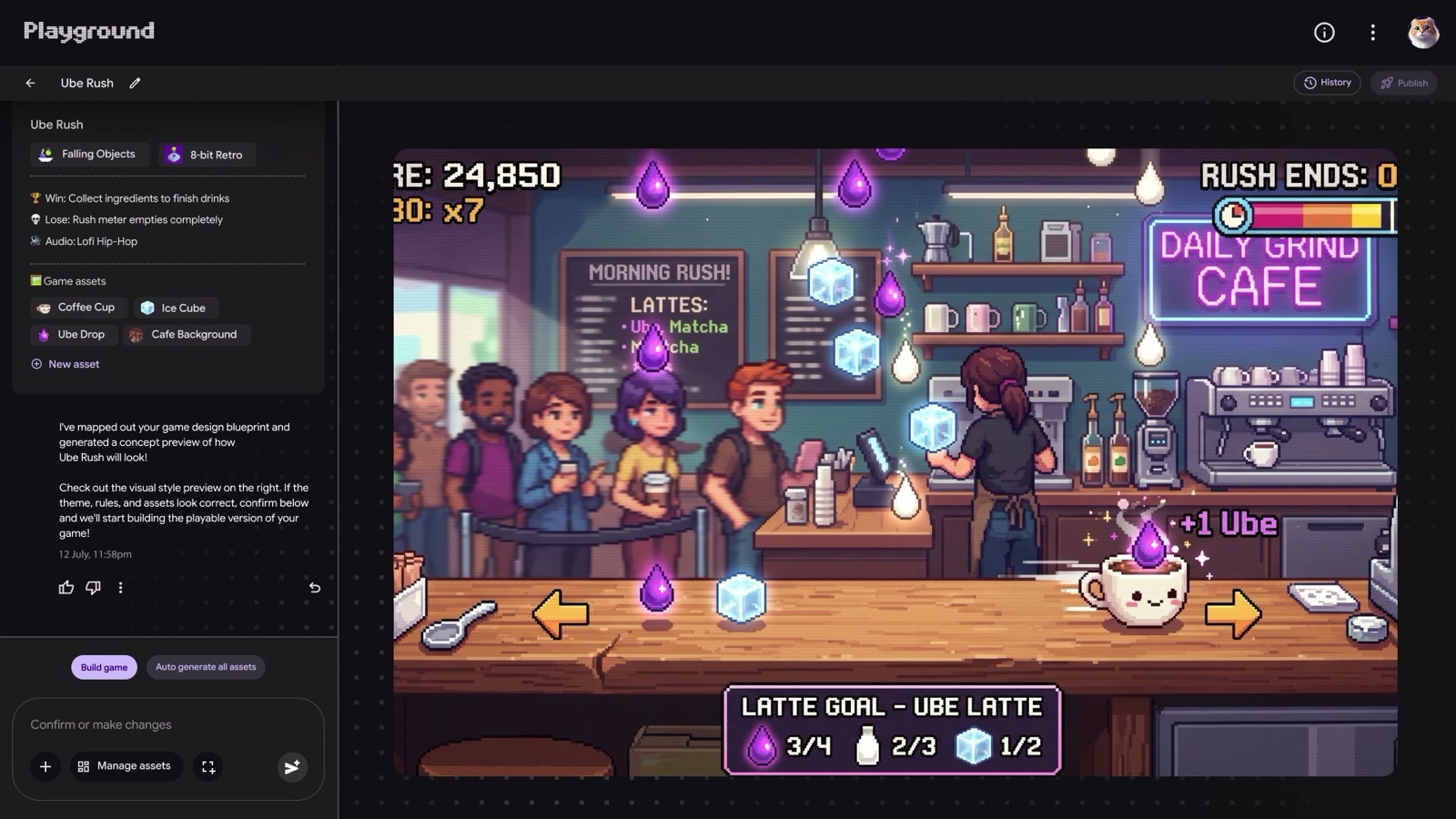 Playground showing a game design for Ube Rush on the left and a pixel-art cafe preview on the right