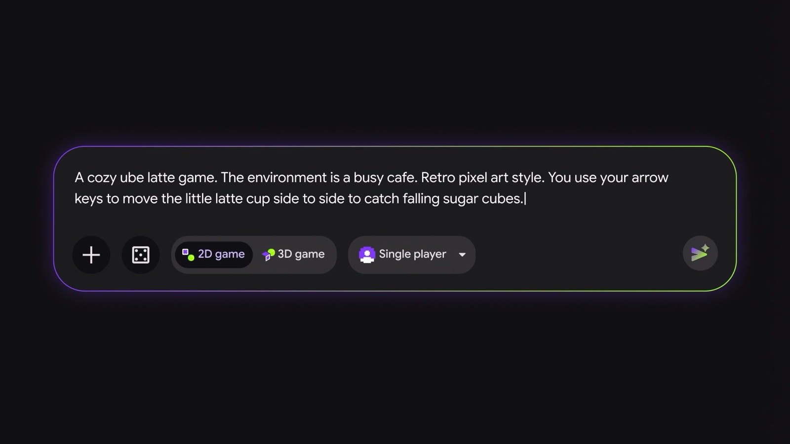 Playground's prompt box with a description of a pixel-art latte game and buttons for 2D game, 3D game and Single player