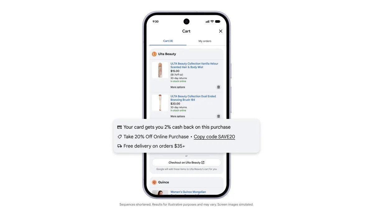 A phone showing two Ulta Beauty items in the cart, with a panel listing 2% cash back on your card, a 20% off code and free delivery on orders over $35