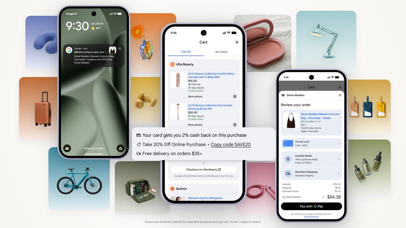 Three phone screens: a lock-screen alert about a $28 price drop in the cart, the cart with Ulta Beauty items and a cash-back note, and a Google Pay checkout for a Steve Madden bag