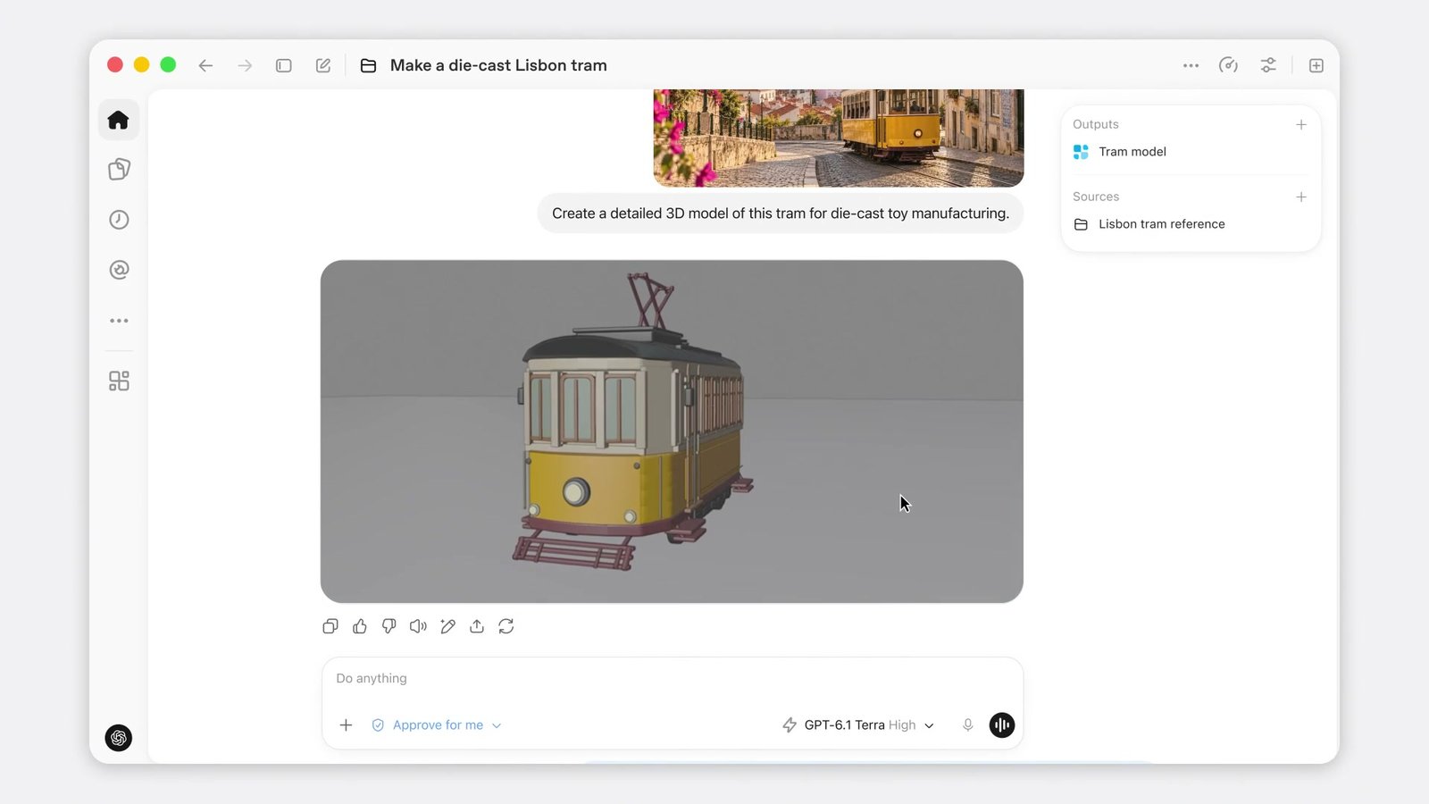 A ChatGPT Work window titled Make a die-cast Lisbon tram, showing a finished 3D tram model, with GPT-6.1 Terra High selected in the model picker at the bottom