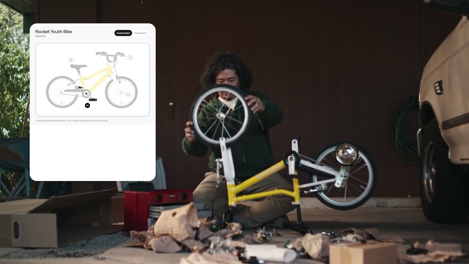 A man assembling a yellow kids' bike in a garage, with a ChatGPT bike diagram card overlaid