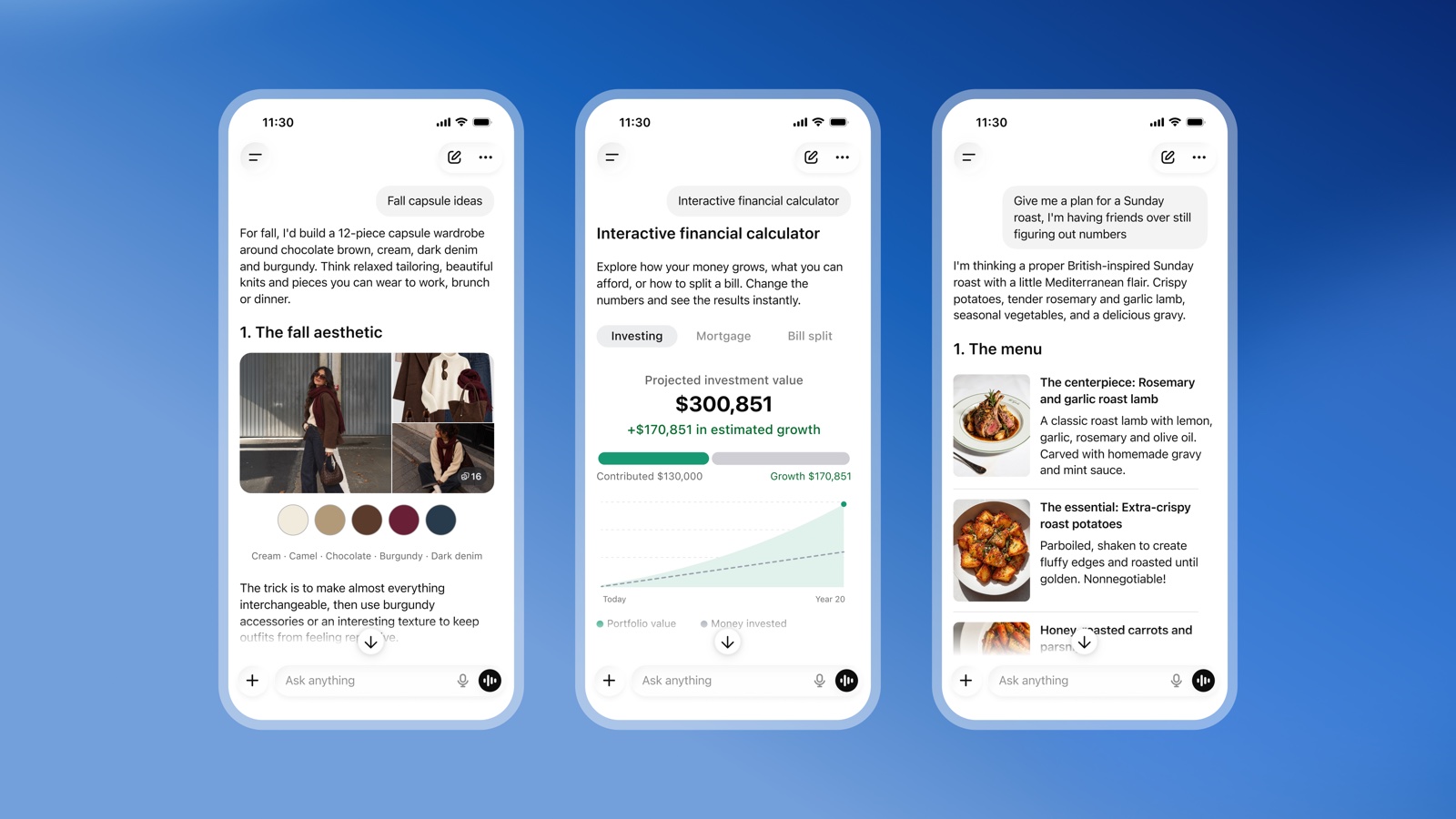Three phones showing ChatGPT answers: a fall capsule wardrobe with a color palette, an interactive financial calculator, and a Sunday roast menu