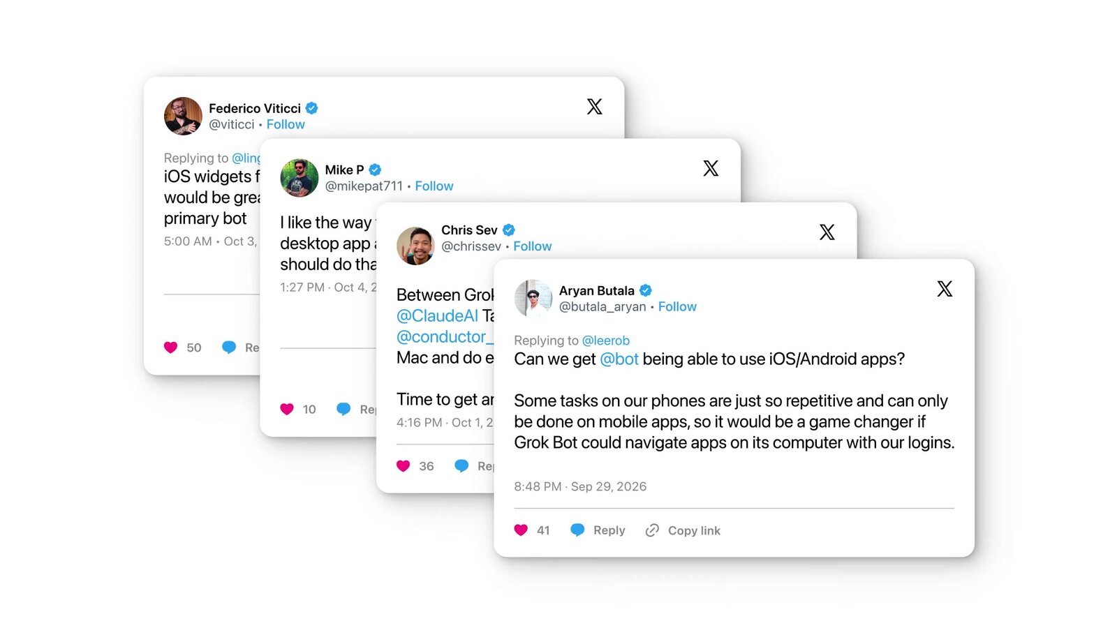 A stack of X posts from users asking for Grok Bot features, pulled up by Grok Bot during a search