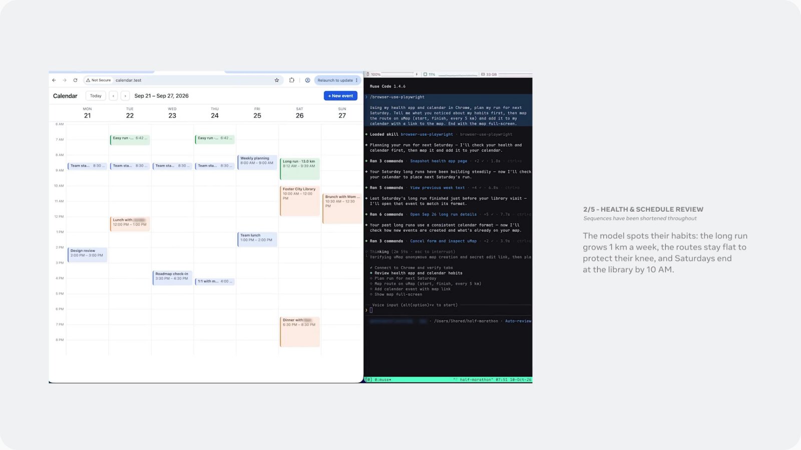 A calendar web app on the left and the model's running log on the right, with the request to plan next Saturday's run at the top