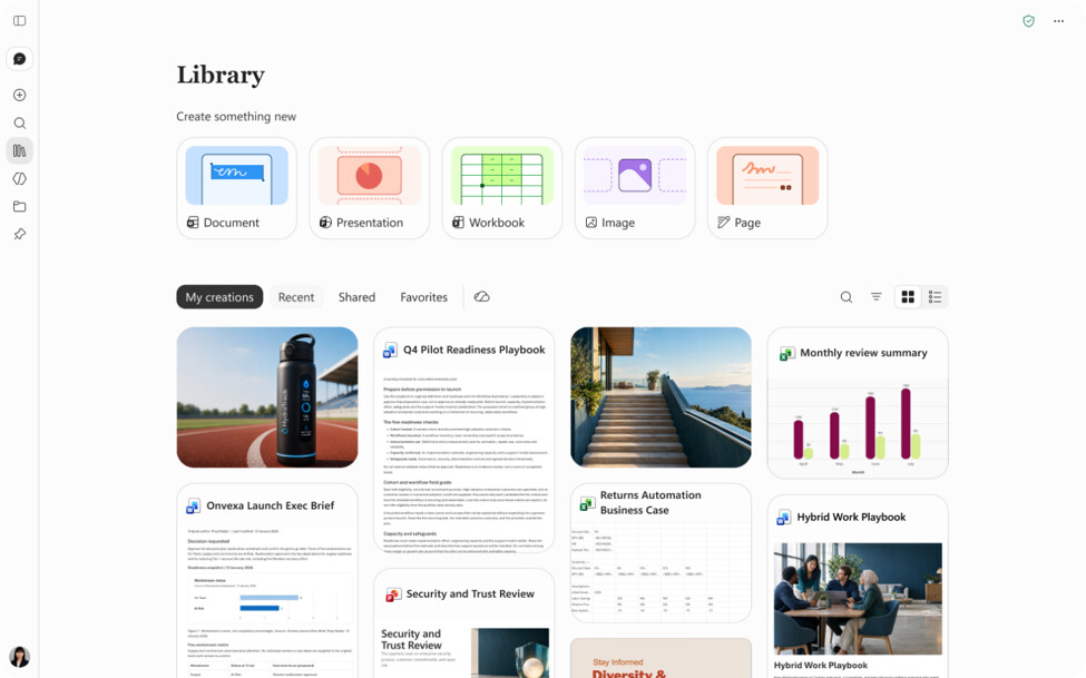 The Copilot app's Library page with buttons to create a document, presentation, workbook, image or page, above a grid of recent files