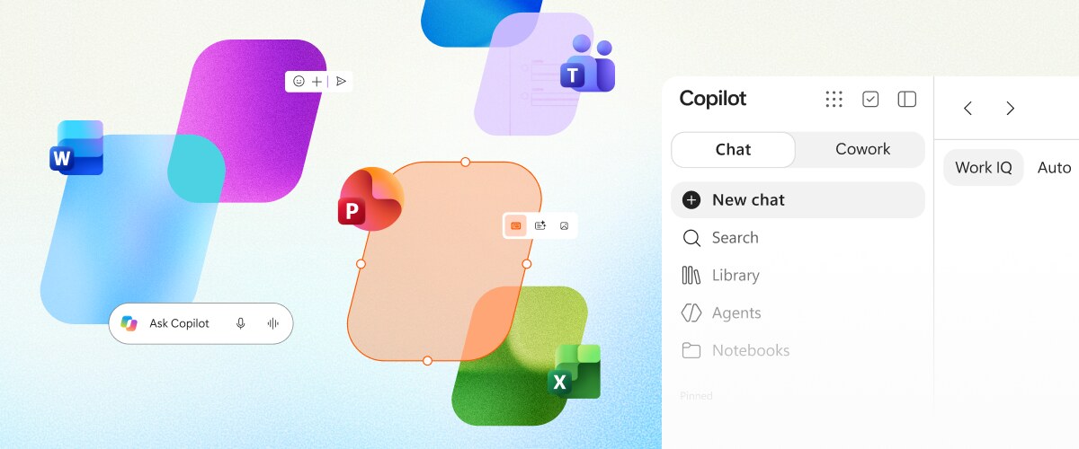 Word, PowerPoint, Excel and Teams icons floating beside the Copilot app sidebar, with Chat and Cowork tabs and a Library entry