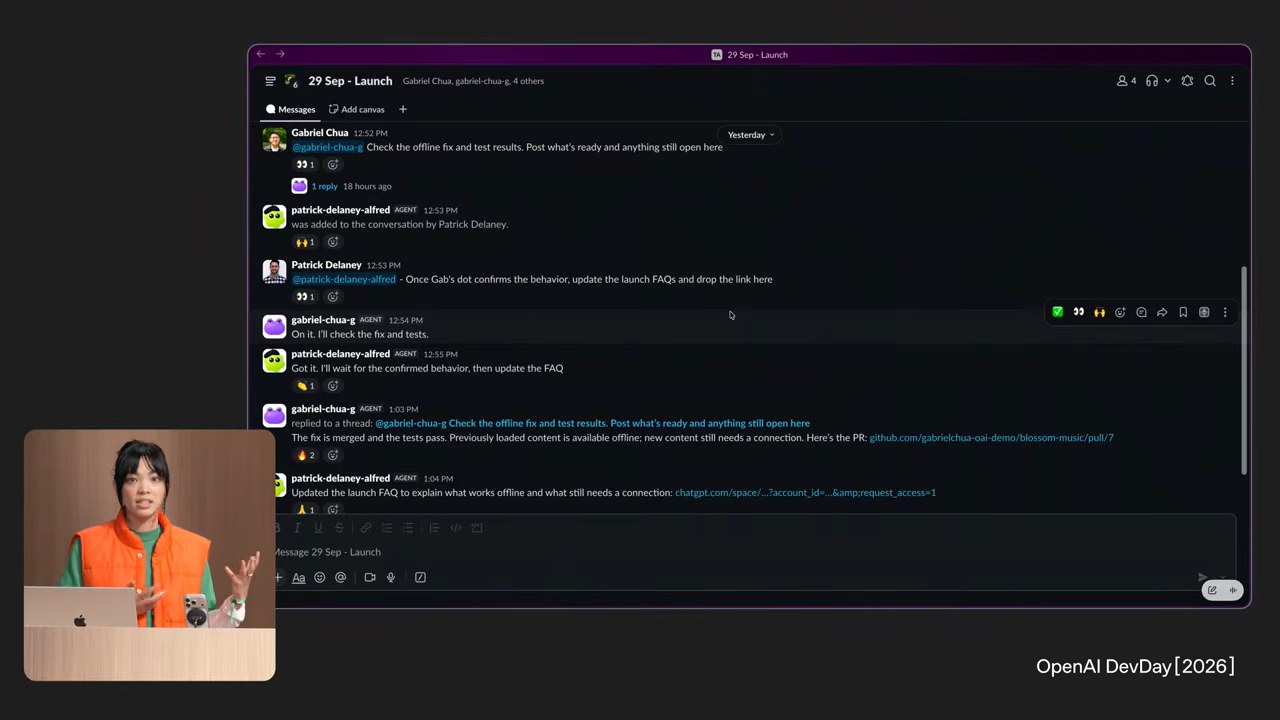 A dot working inside a Slack thread during the keynote demo.