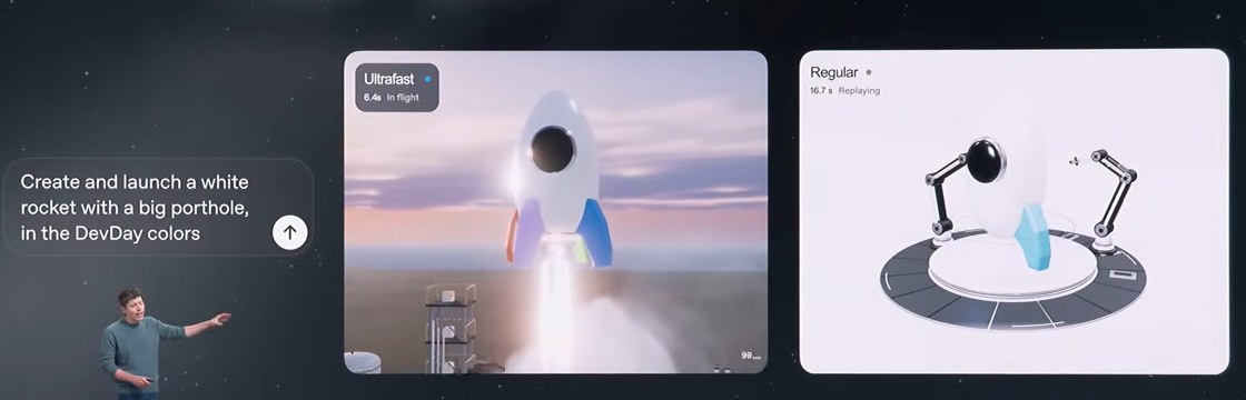 The Ultrafast demo: the same prompt on Ultrafast (left) has already built and launched the rocket while regular speed (right) is still working.