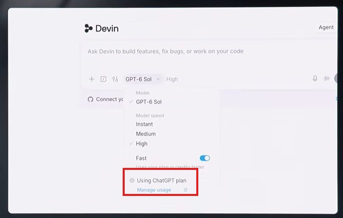 Inside Devin, the model menu now shows "Using ChatGPT plan," boxed in red.