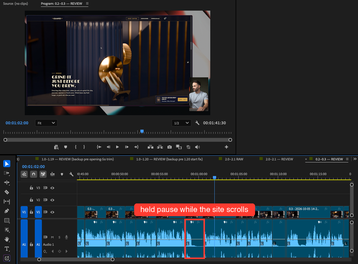 The real REVIEW in Premiere: me scrolling through a website I had Opus build, with a held pause in the waveform while the site moves.