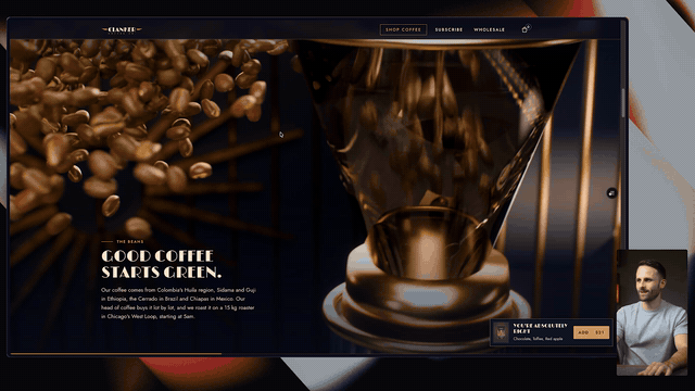 The finished cut playing in real time: the site keeps scrolling through a held pause instead of a hard cut.