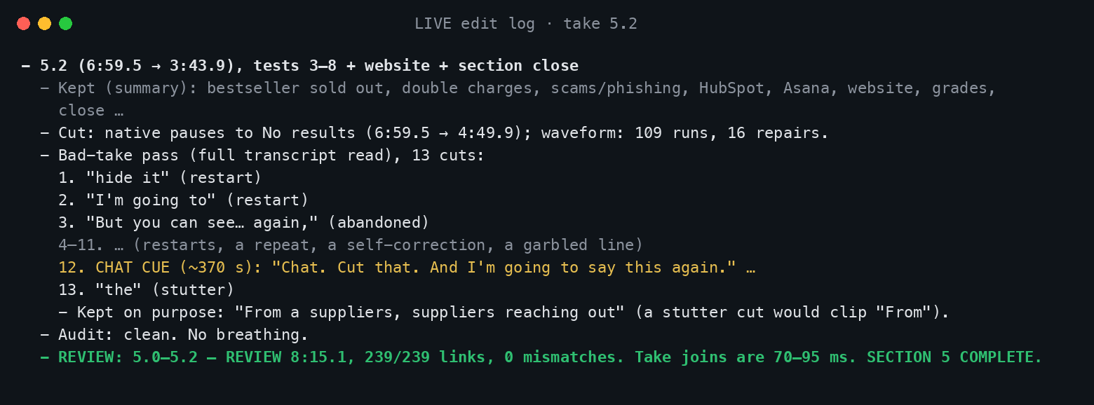 One take's entry in the live edit log: what it cut, what it kept on purpose, and the checks it ran.